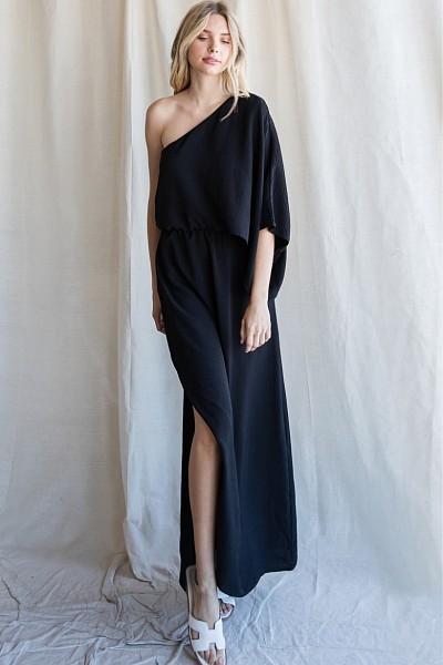 Solid maxi dress with a one shoulde...