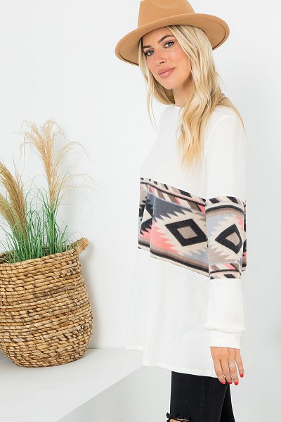 AZTEC PRINT COLOR BLOCK BRUSHED SWE...